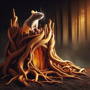 Un rat dans une cabane de racines