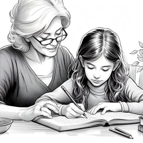 Mamie et jeune fille faisant une dictée